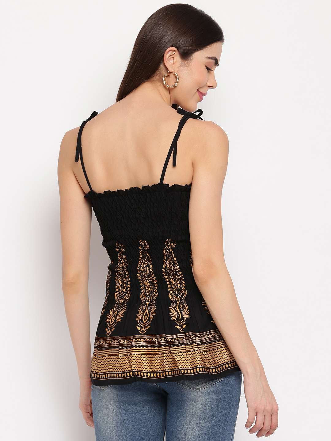 Women's Rayon Buta Printed Casual Summer Style Tie Shoulder Straps Free Size Tank Top ( Black Gold Pattern) - Image 2