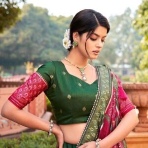 Maroon Tussar Silk Lehenga Choli with Forest Green Blouse | Minakari & Foil Print | Wedding & Festive Wear
