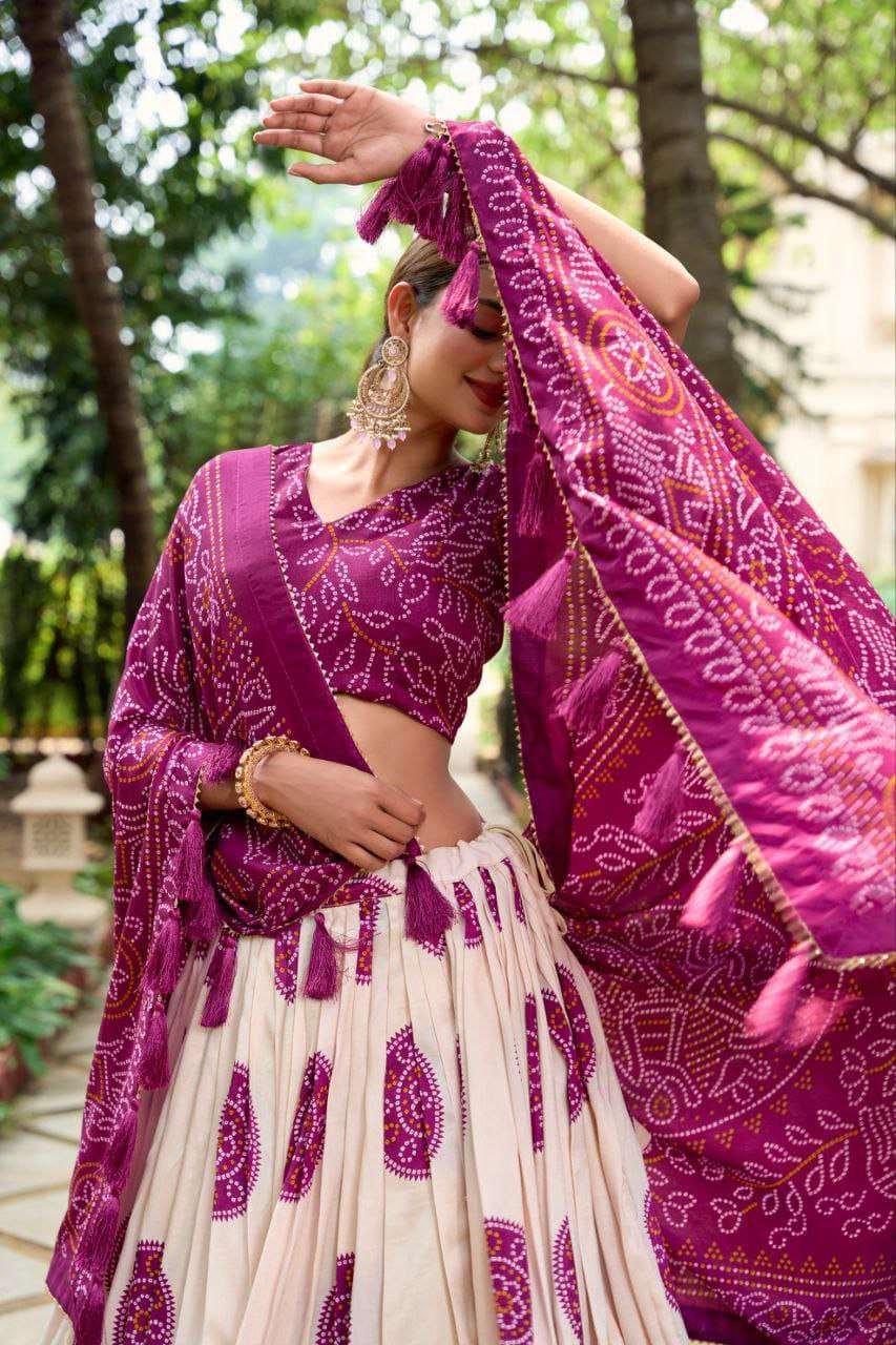 White Dola Silk Lehenga Choli with Purple Blouse & Dupatta | Bandhej & Patola Print | Wedding & Festive Wear - Image 2