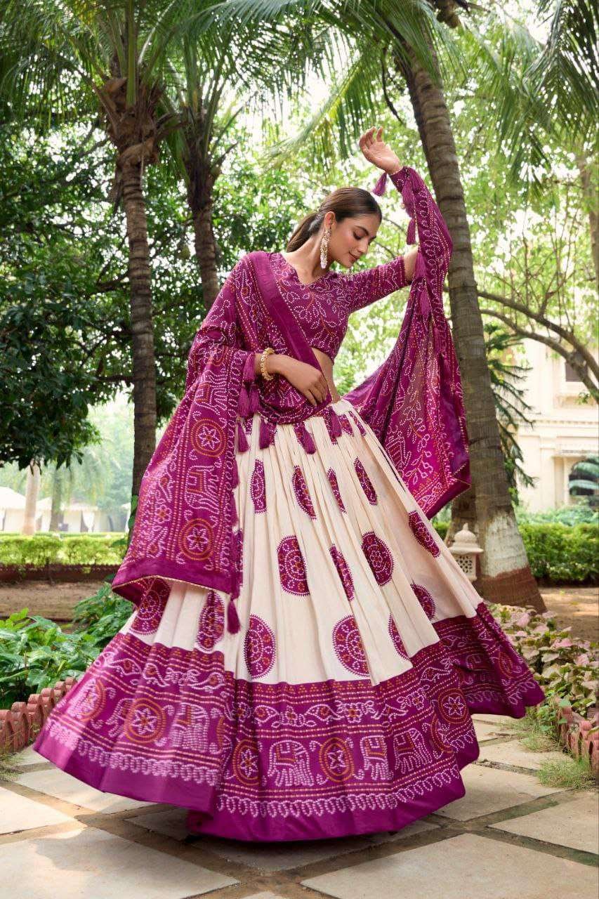 White Dola Silk Lehenga Choli with Purple Blouse & Dupatta | Bandhej & Patola Print | Wedding & Festive Wear - Image 3