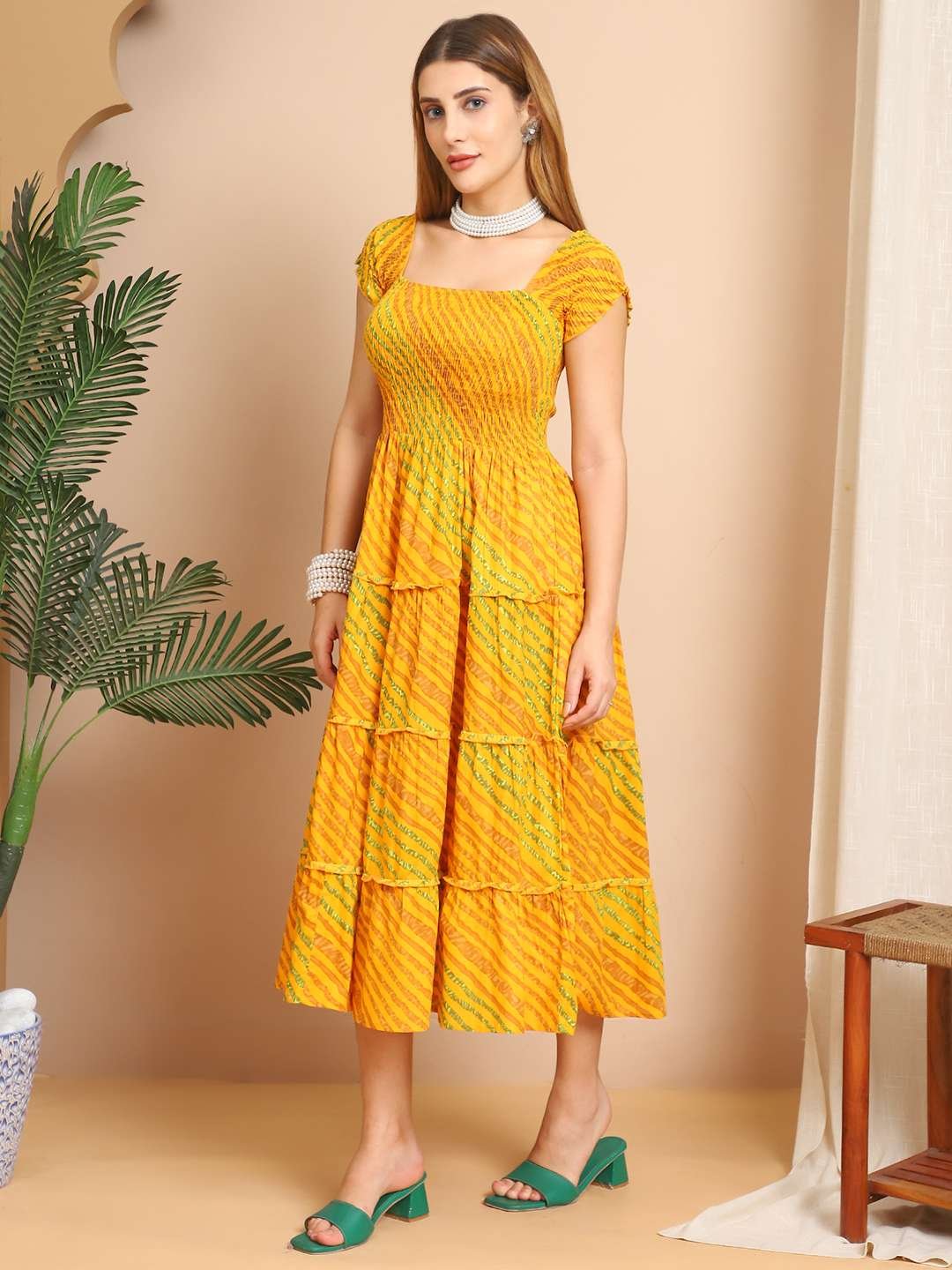 Women's Viscos Rayon Printed Off Shoulder Midi Dress For Summer And Casual Wear